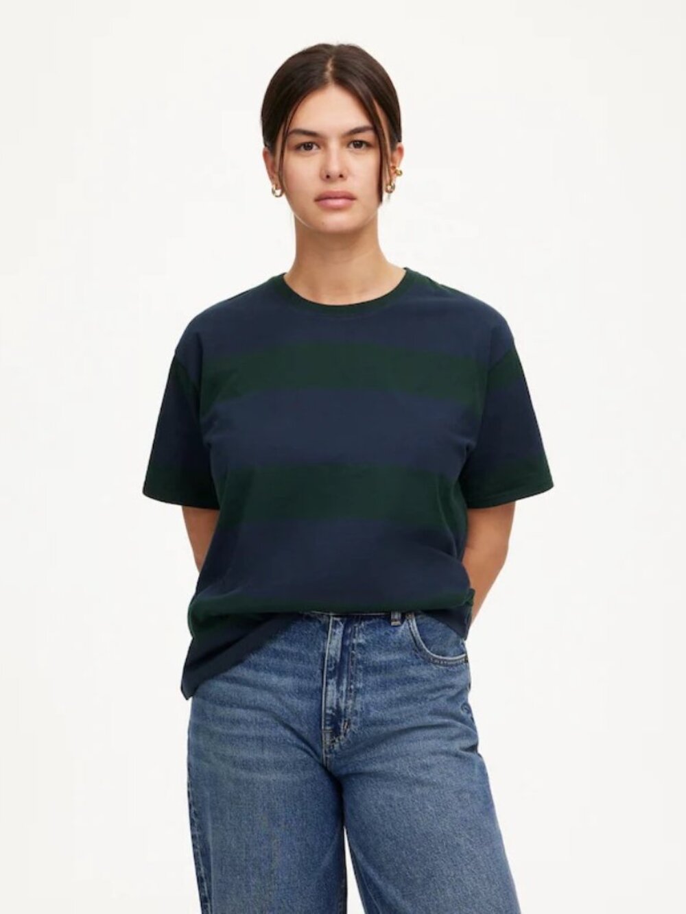 Madewell Cotton Relaxed Oversized Tee Luxury Forest Dark Green Blue Stripe XXS